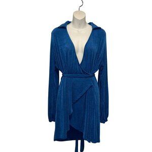 Etiquette Blue Long Sleeves Belt Tie Wrap  Mini Dress Women's Size L